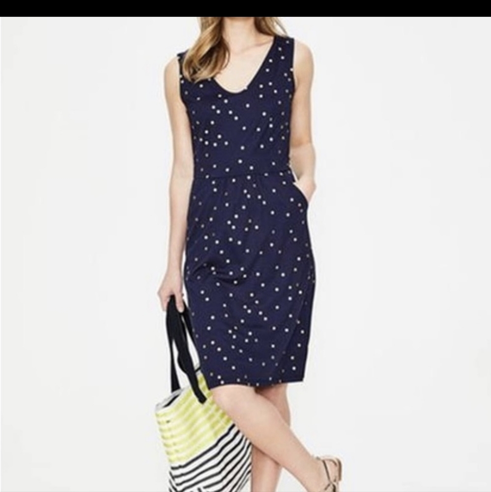 Boden Melinda Polka Dot Navy/Gold Dress V Neck Sleeveless Dress Size 6